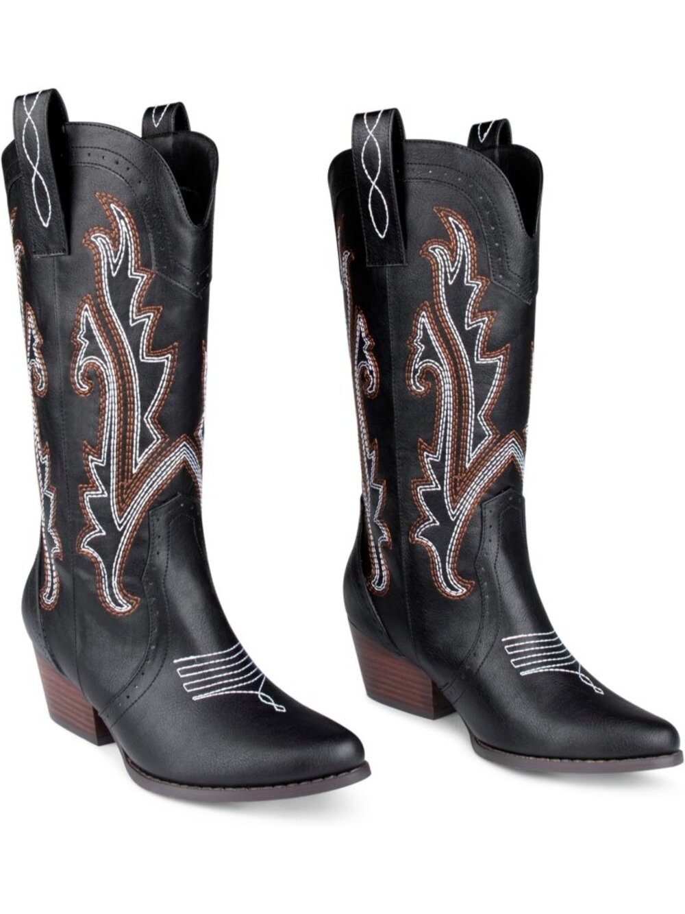 Women's Black Cowgirl Boots Embroidered Country Western Pointed Toe Chunky Heels